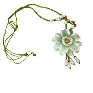 Vintage Carved Jade 3D Flower Necklace Silk Cord Adjustable Beads Estate Natural